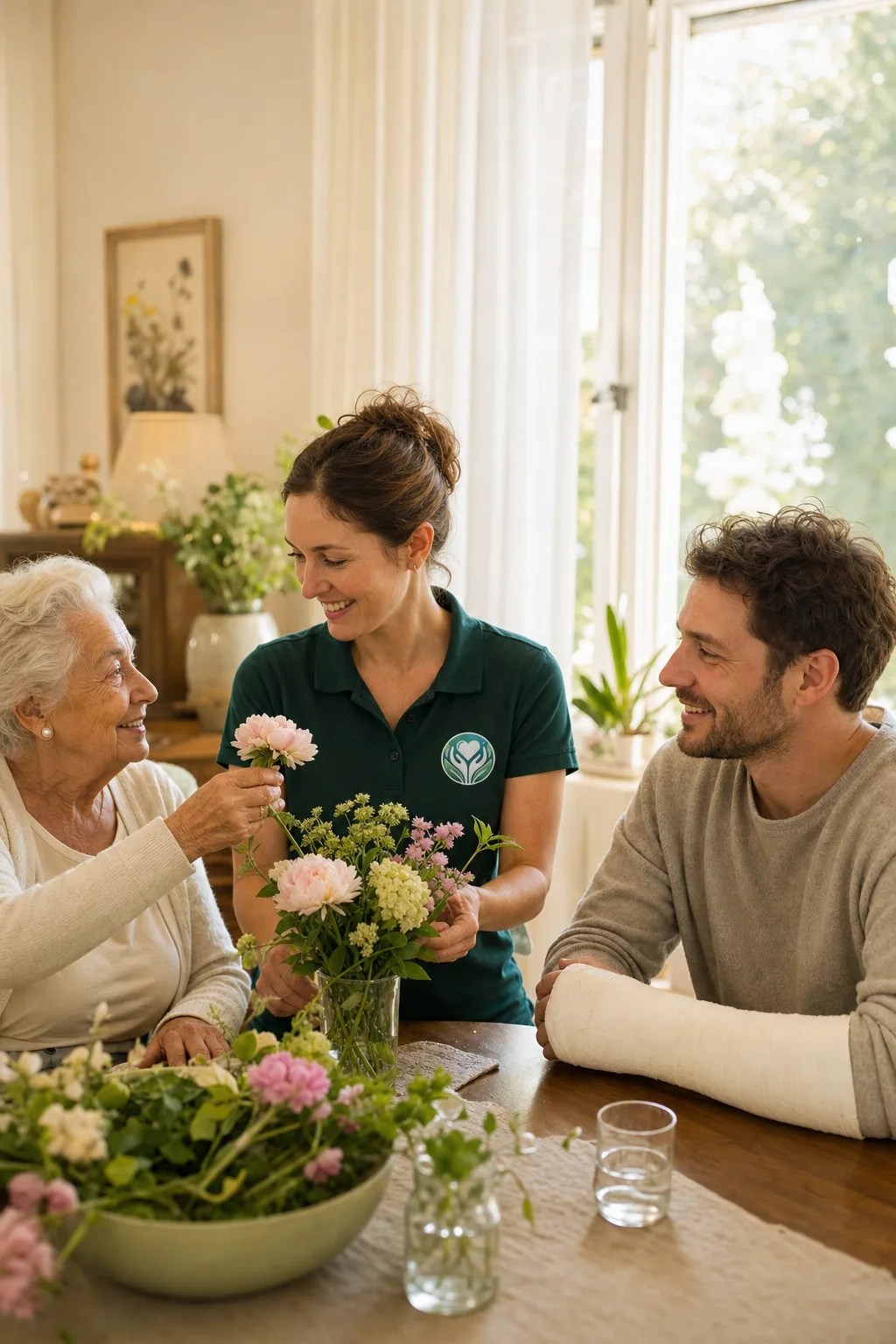 Seniorin gestaltet mit einer Emir-Care-Alltagshelferin Blumen; ein jüngerer Mann mit Armgips ist dabei